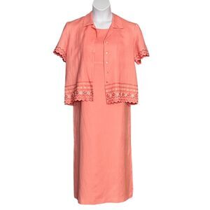 Coldwater Creek Sz 14P Sleeveless Maxi Dress & Jacket Set Linen Blend Coral Pink
